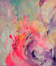Load image into Gallery viewer, big size original contemporary abstract artwork with juicy pinks, deep purples, light blues and tones of yellows that remind us sunset colours