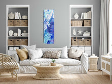 Load image into Gallery viewer, Sweet Dreams is a long original fluid art abstract painting with light turquoise, light pink, deep blues and golden dust, reminding us the colours of warm oceans.