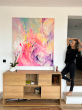 Load image into Gallery viewer, Pauline H Art - big size original contemporary abstract artwork with juicy pinks, deep purples, light blues and tones of yellows that remind us sunset colours
