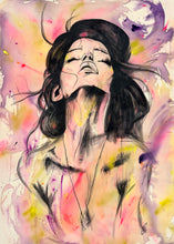 Load image into Gallery viewer, Fluid mixed-media painting of a woman lifting her face upward in a sensual, breath-filled moment of rebirth, with flowing pink, yellow, and violet washes and expressive charcoal lines by contemporary artist Pauline Hart.
