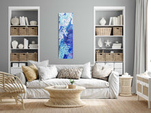 Load image into Gallery viewer, Sweet Dreams is a long original fluid art abstract painting with light turquoise, light pink, deep blues and golden dust, reminding us the colours of warm oceans.

